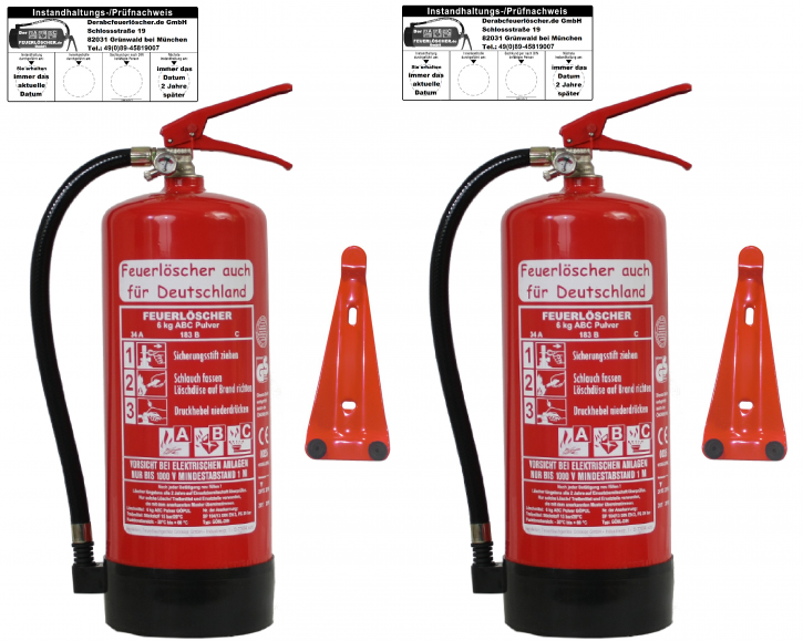 2er Pack 6 kg ABC-Pulver-Dauerdruck-Feuerlöscher DIN EN 3, SP 104/ 13, GS, außenliegendes Prüfventil Rating: 10 LE, 34 A, 183 B, mit oder ohne Instandhaltungsnachweis erhältlich!