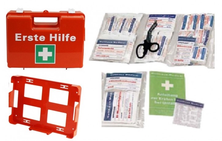 Erste-Hilfe-Koffer für Betriebe DIN 13157 PREMIUM Verbandkasten orange + Wandhalter + Füllung Ausführung 64- teilig mit Kühlpad Betriebsverbandkasten