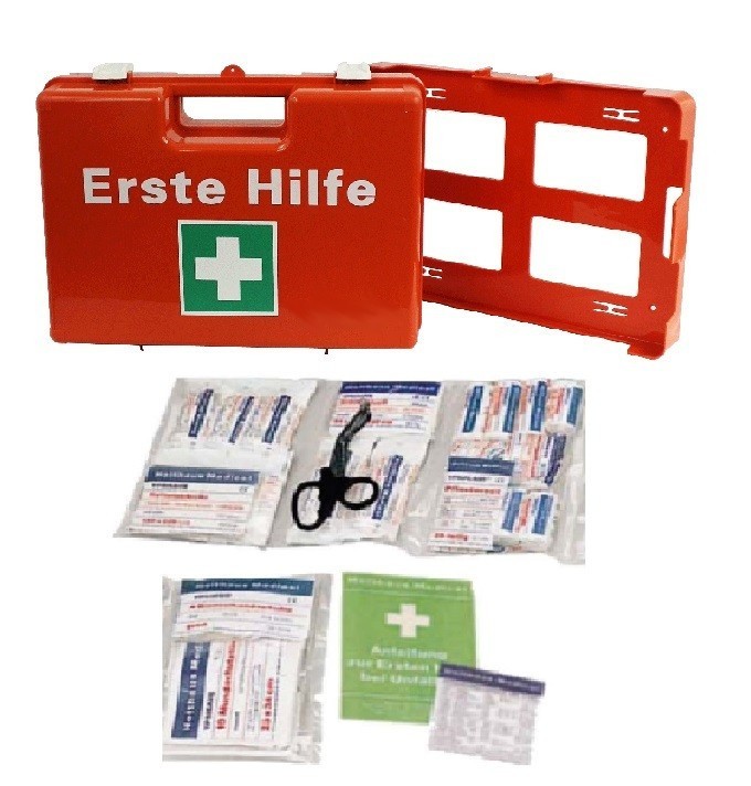 Erste-Hilfe-Koffer, Orange, mit Füllung DIN 13169 Gr. 38x27x14 cm,  inkl. Wandhalterung,