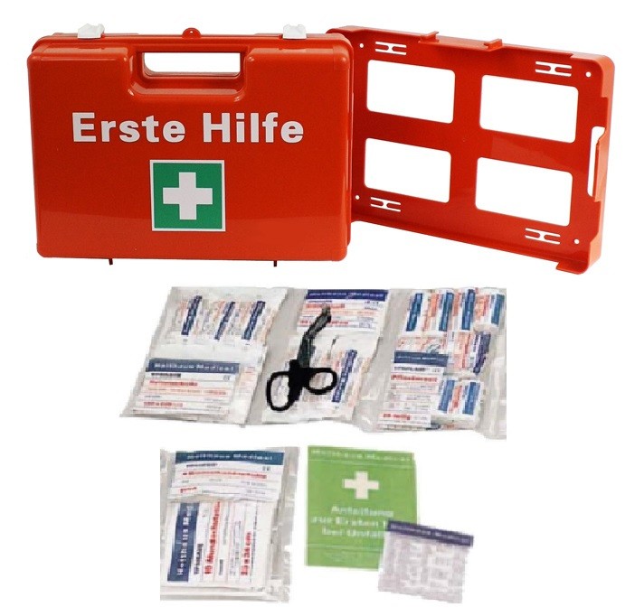 Erste- Hilfe- Koffer, Orange, M:32x22x12, mit Füllung DIN 13157 neue Ausführung 64- teilig mit Kühlpad plus Wandhalterung