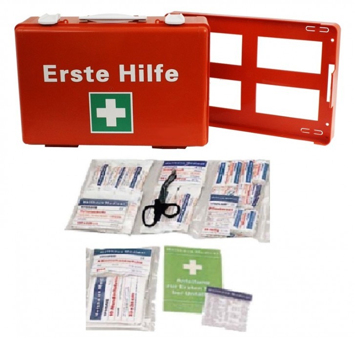 Erste- Hilfe- Koffer, OrangeM: 39x27, 5x13, mit Füllung DIN 13169 neue Ausführung 126- teilig mit Kühlpad plus Wandhalterung