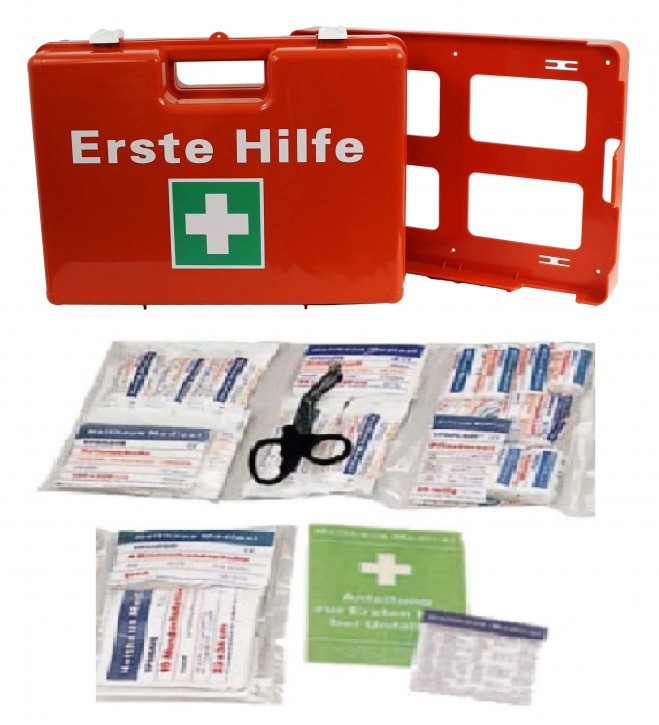 Erste- Hilfe- Koffer, Orange M: 43x30, 5x15 cm,mit Füllung DIN 13169 neue Ausführung 126- teilig mit Kühlpad + Wandhalterung,