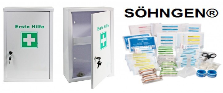 großer Erste- Hilfe- Schrank pulverbeschichtet, mit Füllung von SÖHNGEN®  DIN 13169