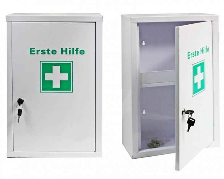 großer Erste- Hilfe- Schrank weiß pulverbeschichtet- leer-