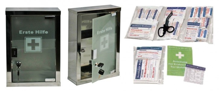 kleiner Erste- Hilfe- Schrank aus Edelstahl mit Glastür + Füllung DIN 13157