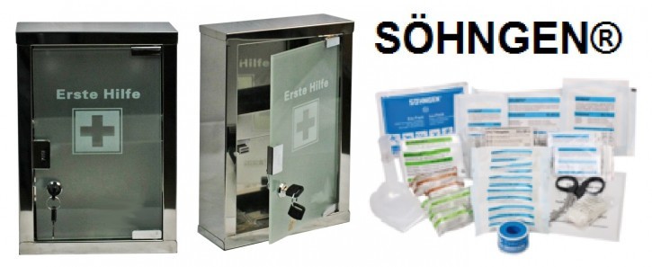 Erste-Hilfe-Schrank aus Edelstahl mit Glastür & SÖHNGEN® Füllung DIN 13157