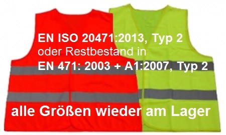 Warnwesten / Sicherheits-Weste EN ISO 20471:2013, Typ 2,  Gelb oder Orange von XXS- XXXXL