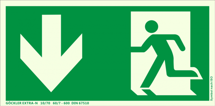 Rettungsweg Notausgang unten Symbol-Schild,Gr.: 300 x 150 mm, langnachleuchtende Kunststoffplatte mit selbstklebender Schaumschicht grün, Symbol nach ISO 7010 ,EXTRA-N 10/70 60/7 - 600 DIN 67510
