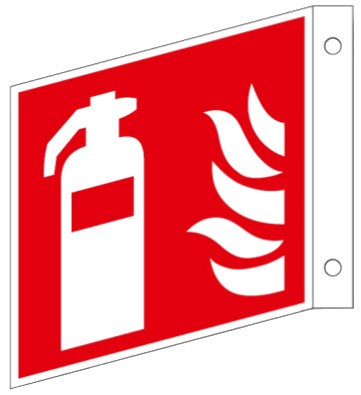 Fahnenschild Nachleuchtend Kunststoff-Platte, 150 x 150 mm, Fahnenschild mit Feuerlöscher- Symbol- Schild ISO 7010 F001, EXTRA-N 10/70 60/7 - 600 DIN 67510