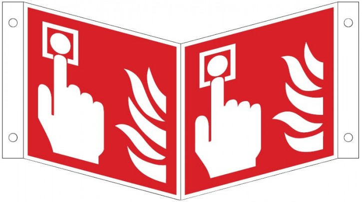 Winkelschild/ Nasenschild mit Brandmelder (manuel) - Schild ISO 7010 F005 Gr.:   200 x 200 mm Kunststoffplatte langnachleuchtend rot nach ISO