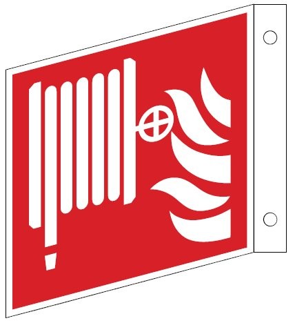 Fahnenschild mit Löschschlauch/ Wandhydranten- Schild ISO F002 Gr.:   200 x 200 mm Kunststoffplatte langnachleuchtend rot nach ISO