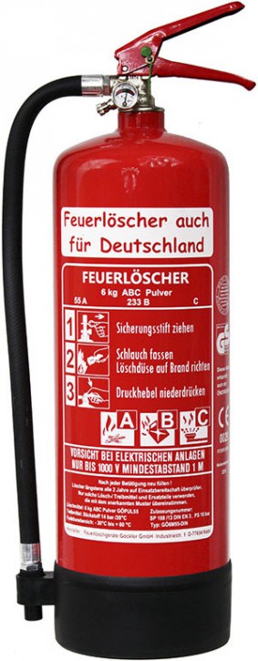 Feuerlöscher 6kg 55 A DIN EN 3 GS ABC Pulver mit oder ohne Prüfnachweis u. Jahresmarke, 55 A, 233 B, C = 15 LE, Manometer, Kunststoffstandfuß , Wandhalter , Messingarmatur Sicherheitsventil