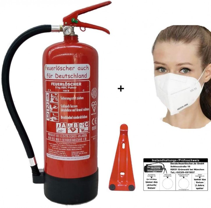 Feuerlöscher 6kg ABC Pulverlöscher mit Manometer EN 3 , + 1 x Maske, Messingarmatur Sicherheitsventil , MIT Kunststoffstandfuß , MIT Wandhalter, mit oder ohne Instandhaltungsnachweis erhältlich!