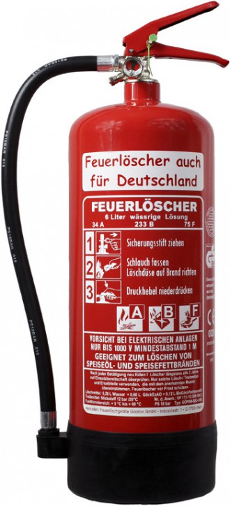 6 l Fettbrand Feuerlöscher DIN EN3 GS Gastro Küche + Wandhalter + Manometer, mit oder ohne Instandhaltungsnachweis erhältlich!  34 A, 233 B, 75 F = 10 LE