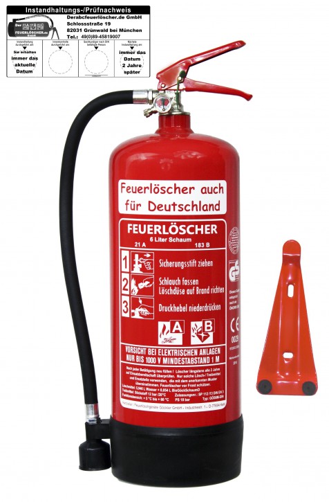 6L Schaum AB Feuerlöscher DIN EN3 GS, 6 LE mit oder ohne Prüfnachweis mit Jahresmarken erhältlich, + Wandhalter Manometer OVP NEU Haushalt Gewerbe Handwerk