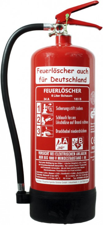 6L BIOSchaum Feuerlöscher DIN EN 3 GS Haus Hof Wandhalter Manometer 34 A, 183 B = 10 LE mit oder ohne Instandhaltungsnachweis erhältlich!