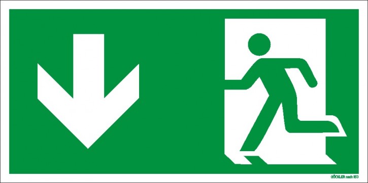 Rettungsweg Notausgang unten Symbol-Schild,Gr.: 300 x 150 mm, langnachleuchtende Kunststoffplatte mit selbstklebender Schaumschicht grün, Symbol nach ISO 7010 ,EXTRA-N 10/70 60/7 - 600 DIN 67510