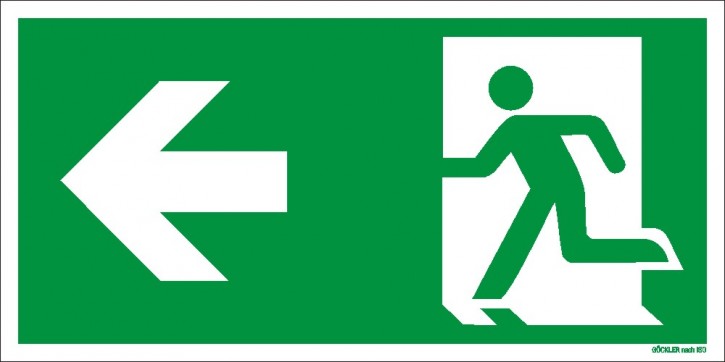 Rettungsweg links Symbol-Schild,Gr.: 300 x 150 mm,langnachleuchtende Folie selbstklebend grün,Symbol nach ISO 7010,EXTRA-N 10/70 60/7 - 600 DIN 67510