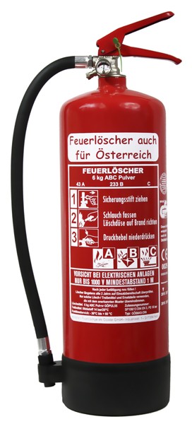 6 kg Feuerlöscher auch für Österreich Pulver ABC 43A DIN EN 3 GS Haushalt Wandhalter Manometer, mit oder ohne Instandhaltungsnachweis erhältlich! 43 A, 233 B, C = 12 LE, Messingarmatur Sicherheitsventil