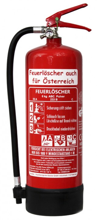 6 kg Feuerlöscher auch für Österreich Pulver ABC DIN EN 3 GS Gewerbe Wandhalter Manometer, mit oder ohne Instandhaltungsnachweis erhältlich! 55 A, 233 B, C = 15 LE, Messingarmatur Sicherheitsventil