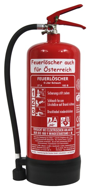 6 L Feuerlöscher auch für Österreich Schaum AB BIO DIN EN 3 GS Haus Hof Wandhalter Manometer, mit oder ohne Instandhaltungsnachweis erhältlich!