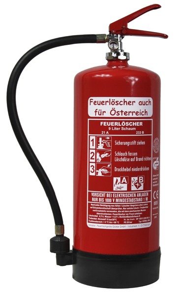 9L Feuerlöscher auch für Österreich Schaum AB DIN EN 3 GS Hotellerie Wandhalter Manometer, mit oder ohne Instandhaltungsnachweis erhältlich!