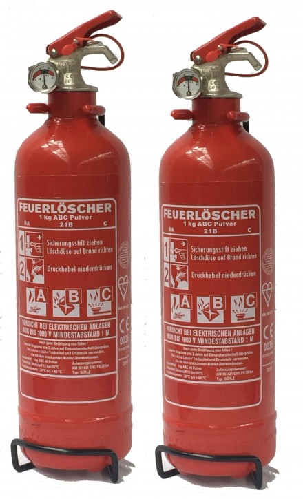 2 St 1 kg ABC- Pulver- Dauerdruck- Feuerlöscher EN 3 , Rating: 02 LE, 8 A, 21 B