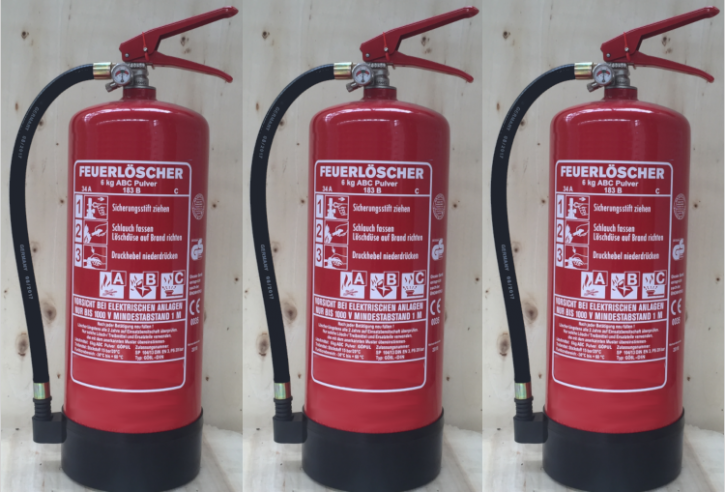 3er Pack 6 kg ABC-Pulver-Dauerdruck-Feuerlöscher DIN EN 3, SP 104/ 13, GS, außenliegendes Prüfventil Rating: 10 LE, 34 A, 183 B