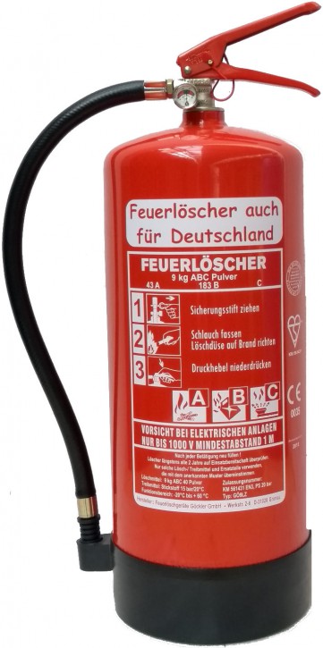 9 kg ABC Pulver Feuerlöscher auch für Deutschland EN 3 + Standfuß + Wandhalter + Manometer 12 LE, mit oder ohne Instandhaltungsnachweis erhältlich!