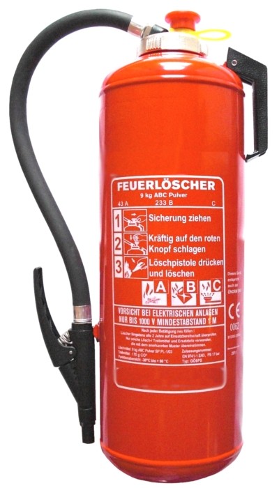 9 kg ABC- Pulver- Auflade- Feuerlöscher DIN EN 3 , Rating: 43 A, 233 B, C = 12 LE, mit oder ohne Instandhaltungsnachweis erhältlich!