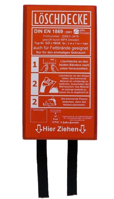 Löschdecke 100 x 100 cm, in flacher roter Box DIN EN 1869:2001 MPA geprüft