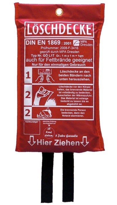 Versand ab 28.05.25 Löschdecke 100 x 100cm, geprüft durch MPA Dresden. DIN EN 1869:2001