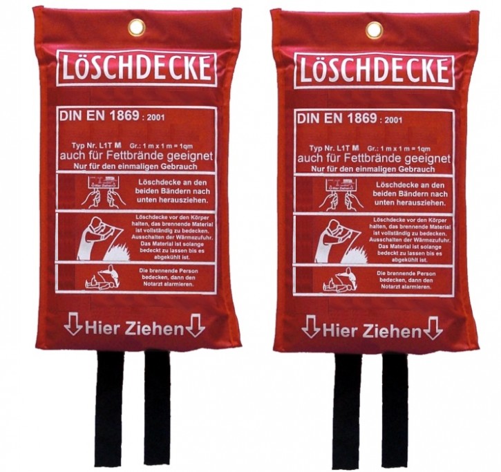 Versand ab 28.05.25  2 st Löschdecke Brandschutzdecke Feuerlöschdecke Branddecke auch für Fettbrände geeignet EN 1869:2001, 100 x 100 cm
