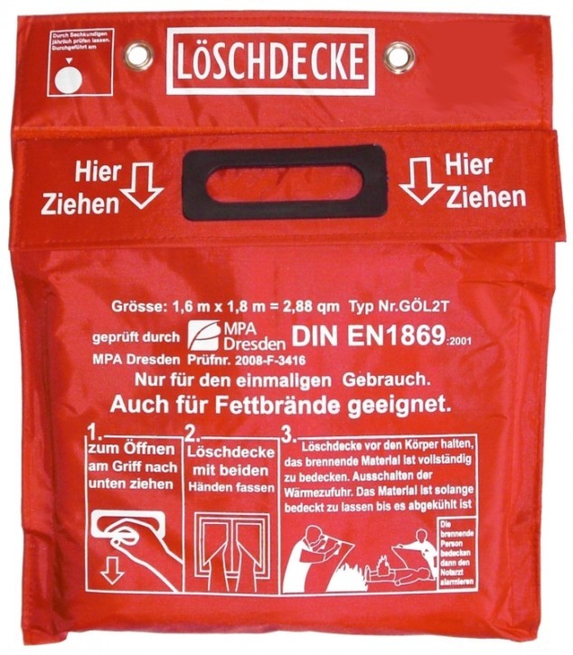 Löschdecke 1,60 x 1,80 m , in roter PVC Tasche mit Klettverschluß DIN EN 1869:2001