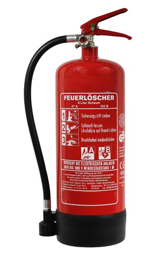 6 L Schaum Dauerdruck- Feuerlöscher DIN EN 3 SP 114/ 13, GS, Rating: 27 A, 183 B = 9 LE außenliegendes Prüfventil, mit oder ohne Instandhaltungsnachweis erhältlich!