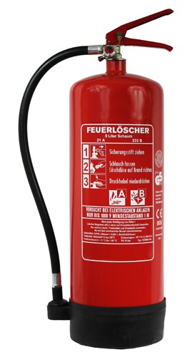 9 L Schaum Dauerdruck- Feuerlöscher DIN EN 3 SP 113/ 13, GS, außenliegendes Prüfventil Rating: 27 A, 233 B = 9 LE, mit oder ohne Instandhaltungsnachweis erhältlich!