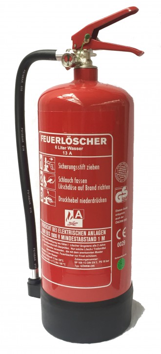 6 L Wasser-Dauerdruck Feuerlöscher DIN EN 3, GS , Rating: 13 A  = 4 LE, mit oder ohne Instandhaltungsnachweis erhältlich!