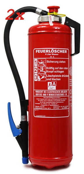 Doppelpack 6 L Wasser -Auflade - Feuerlöscher DIN EN 3, GS , mit innenliegender CO2 Patrone, Rating: 34 A = 10 LE, mit oder ohne Instandhaltungsnachweis erhältlich!