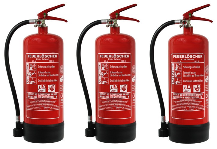 3 er Paket = 3 St.  6 L Schaum Dauerdruck-Feuerlöscher DIN EN 3 SP 114/13 , GS , Rating: 27 A, 183 B = 9 LE,, mit oder ohne Instandhaltungsnachweis erhältlich!