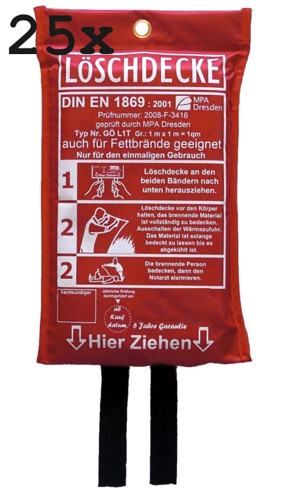 25 x Löschdecke 100 x 100cm, geprüft durch MPA Dresden. DIN EN 1869:2001