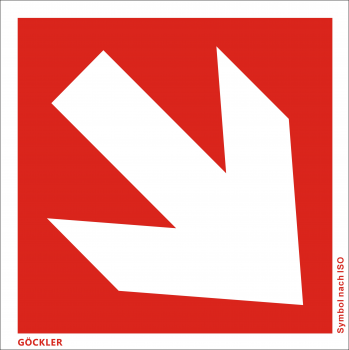 Richtungsangabe-Symbol-Schild schräg, Gr.: 200 x 200 mm, Kunststoffplatte nicht klebend rot, Symbol nach ISO 7010