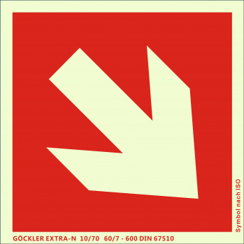 Richtungsangabe-Symbol-Schild schräg,Gr.: 150 x 150 mm,langnachleuchtende Aluminium Platte mit selbstklebender Schaumschicht rot,Symbol nach ISO 7010,EXTRA-N 10/70 60/7 - 600 DIN 67510