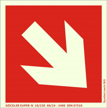 Richtungsangabe-Symbol-Schild schräg,Gr.: 200 x 200 mm, langnachleuchtende Kunststoffplatte mit selbstklebender Schaumschicht rot, Symbol nach ISO 7010 ,SUPER-N 10/230 60/24 - 3400 DIN 67510