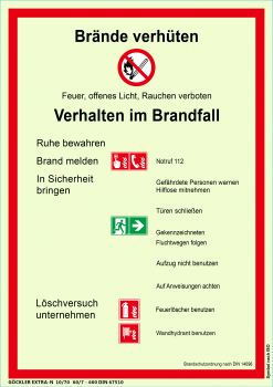 Brandschutzordnung: Brände verhüten-Schild, Gr.: 210 x 297 mm, langnachleuchtende Kunststoffplatte mit selbstklebender Schaumschicht, ​Symbol nach ISO 7010, EXTRA-N 10/70 60/7 - 600 DIN 67510