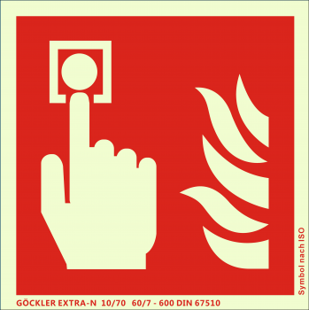 Brandmelder-Symbol-Schild F005,Gr.: 200 x 200 mm,langnachleuchtende Aluminium Platte mit selbstklebender Schaumschicht rot,Symbol nach ISO 7010,EXTRA-N 10/70 60/7 - 600 DIN 67510