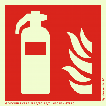 Feuerlöscher-Symbol-Schild F001,Gr.: 100 x 100 mm,langnachleuchtende Kunststoffplatte mit selbstklebender Schaumschicht rot,Symbol nach ISO 7010,EXTRA-N 10/70 60/7 - 600 DIN 67510