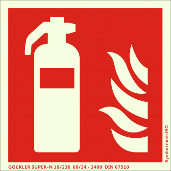 Feuerlöscher-Symbol-Schild F001,Gr.: 150 x 150 mm,langnachleuchtende Aluminium Platte mit selbstklebender Schaumschicht rot,Symbol nach ISO 7010,SUPER-N 10/230 60/24 - 3400 DIN 67510