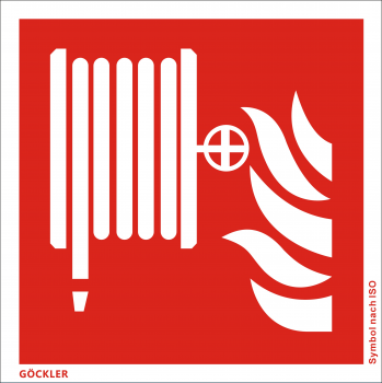 Löschschlauch-Symbol-Schild F002, Gr.: 200 x 200 mm, Kunststoffplatte nicht klebend rot, Symbol nach ISO 7010