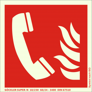 Brandmeldetelefon-Symbol-Schild F006,Gr.: 150 x 150 mm, langnachleuchtende Kunststoffplatte mit selbstklebender Schaumschicht rot, Symbol nach ISO 7010 ,SUPER-N 10/230 60/24 - 3400 DIN 67510