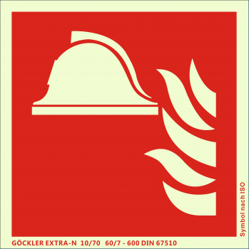 Mittel und Geräte zur Brandbekämpfung-Symbol-Schild F004,Gr.: 150 x 150 mm,langnachleuchtende Aluminium Platte mit selbstklebender Schaumschicht rot,Symbol nach ISO 7010,EXTRA-N 10/70 60/7 - 600 DIN 67510